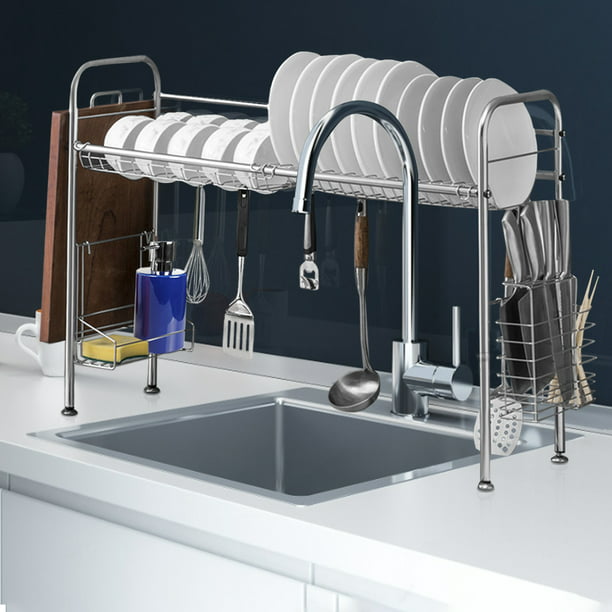 Dish Drying Rack, Over Sink Drainer Shelf, Kitchen Cutlery Utensils Holder, with Utility Holder