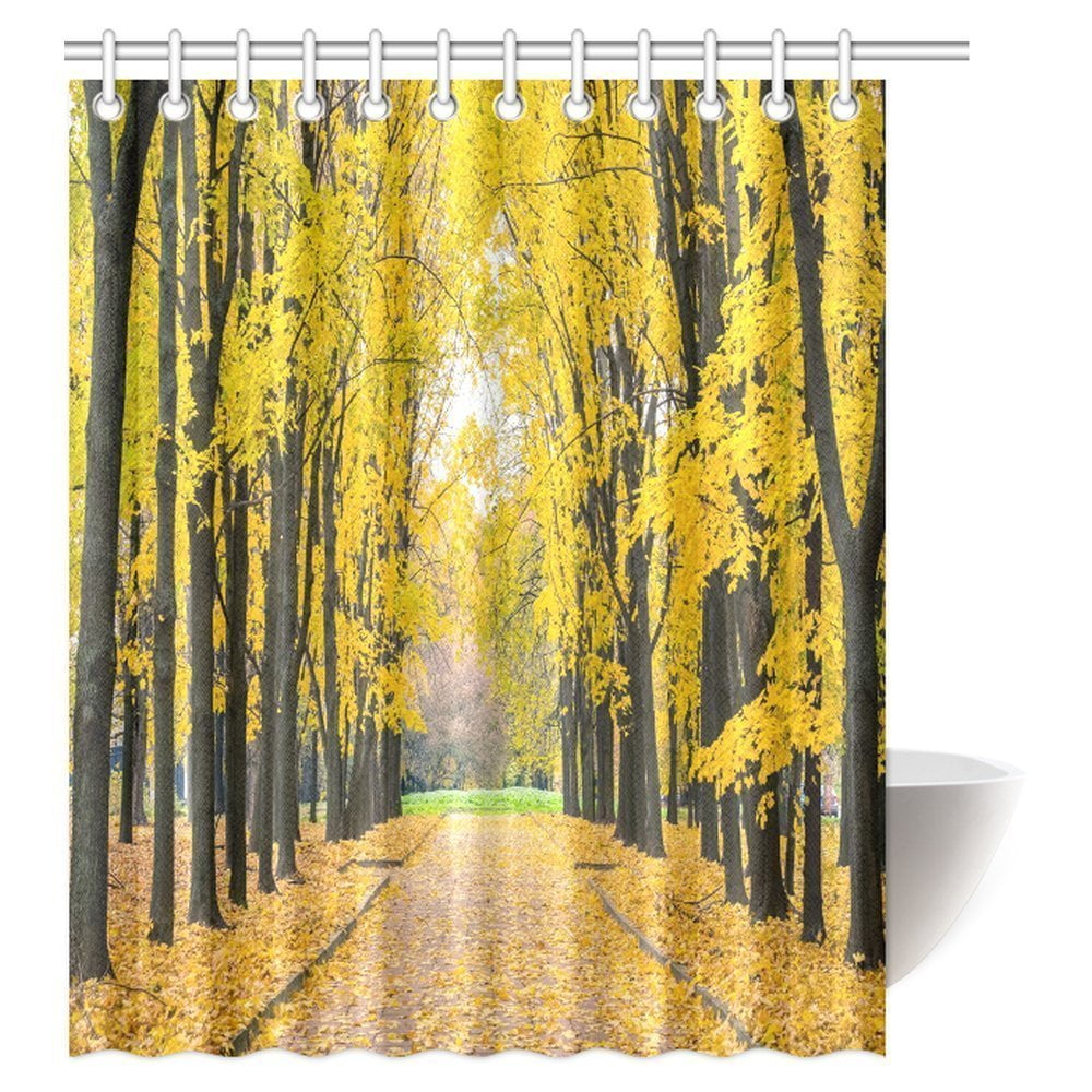 MYPOP Fall Trees Decor Shower Curtain, Nature Theme Autumn Park Forest