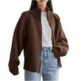 thumbnail image 4 of Womens Knit Sweater Full-zip Jacket Double Zippers High Neck Loose Long Sleeve Fall Outerwear Sweaters Coat (Free Size, Brown), 4 of 7