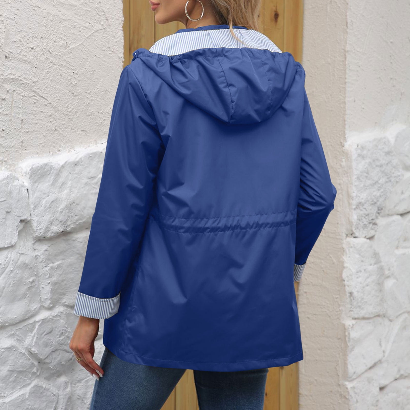 Maqroz Womens Warm Coats Outerwear Fashion Casual Long Sleeve Button Down Rain Jackets Comfort Drawstring Cinch Waist Coat Fall Winter Windbreaker Jacket Coat with Hood Lightweight Plus Size Blue M