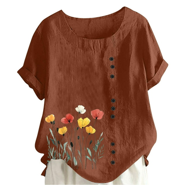 LMKIHUSA Été Femmes Hauts en Coton et Lin Tendance Manches Courtes Mode Décontractée 2025 Chemises Boho Imprimé Floral Col Rond Boutons Haut Marron,P