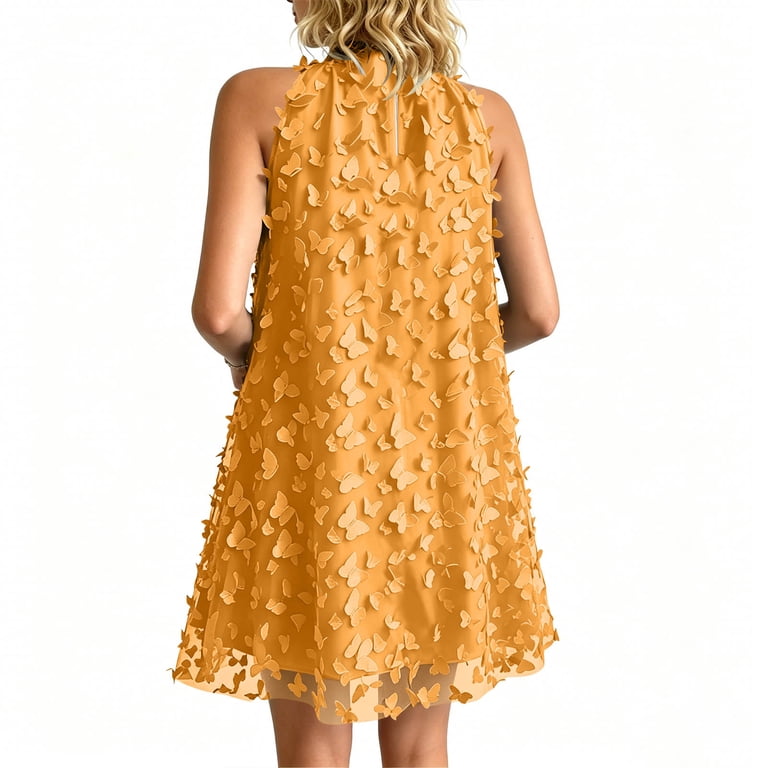 gold flowy mini dress fheaev Mock Neck for Women Elegant 3D Print Sleeveless Loose Evening Cocktail Event Wear Yellow XL short gold cocktail dress