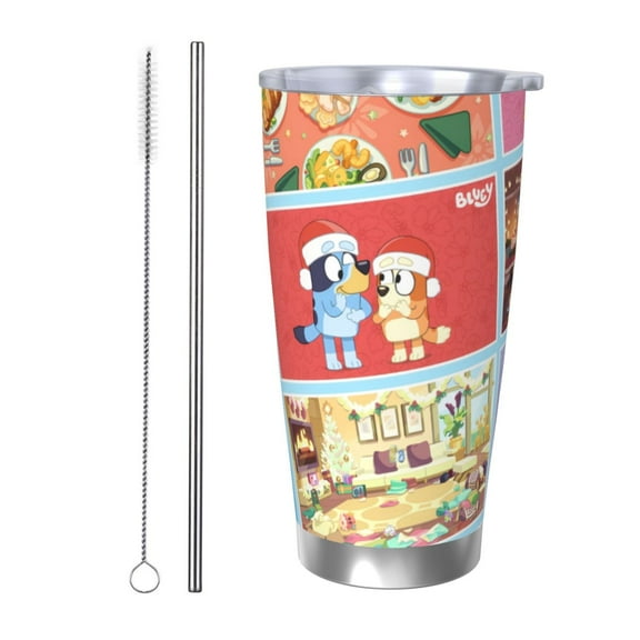 Masiiu Bluey Print 20OZ Car Cup for Travel, Insulated Stainless Steel Cup, Leak-Proof Lid with Straw and Direct Drinking Opening-Straw Two-piece Set