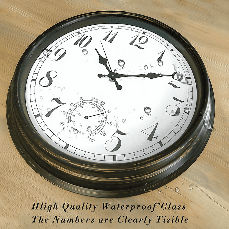 UMEXUS 16'' Large Retro Outdoor Wall Clock, Waterproof Quartz Silent Clock with Thermometer, Battery Operated Decor Clock for Patio, Pool, Lanai