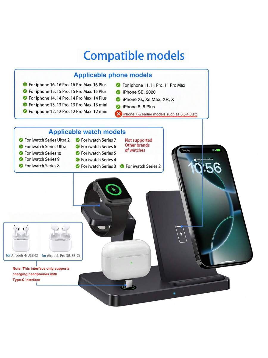 3 in 1 Wireless Charger Stand for iPhone 14-6, Apple Watch Ultra/SE/10-2, AirPods 4/3