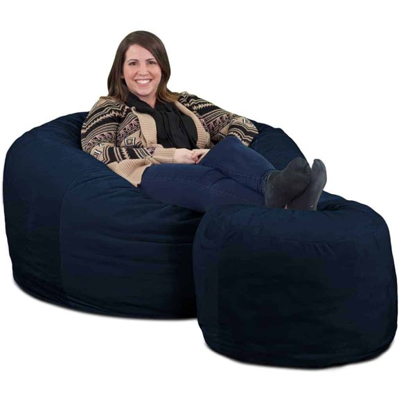 Ultimate Sack 4 Foot Foam Filled Suede Bean Bag Chair with Footstool, Navy