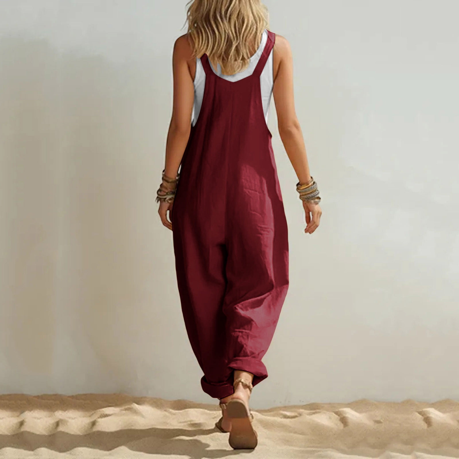 Women's Summer Cotton‑Linen Spaghetti Strap Jumpsuit Solid‑Color