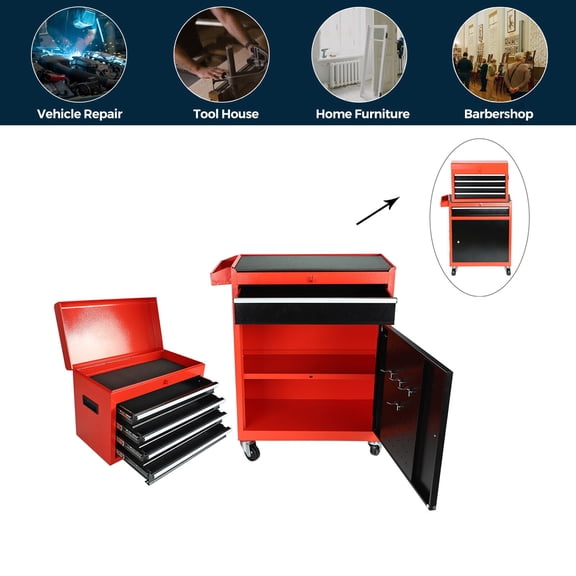 2 In 1 Iron Rolling Chest Cabinet Storage Tool box Cart 5 Drawers& Rubber Wheel