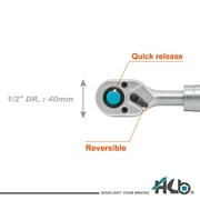 HB 1/2 Drive Extendable Ratchet Handle AHU040-U | 72-Tooth Quick Release | Extends Up to 17.3 | 5° Arc Swing for Tight Spaces | Chrome Vanadium Steel Micro-Chrome Finish | Made in Taiwan