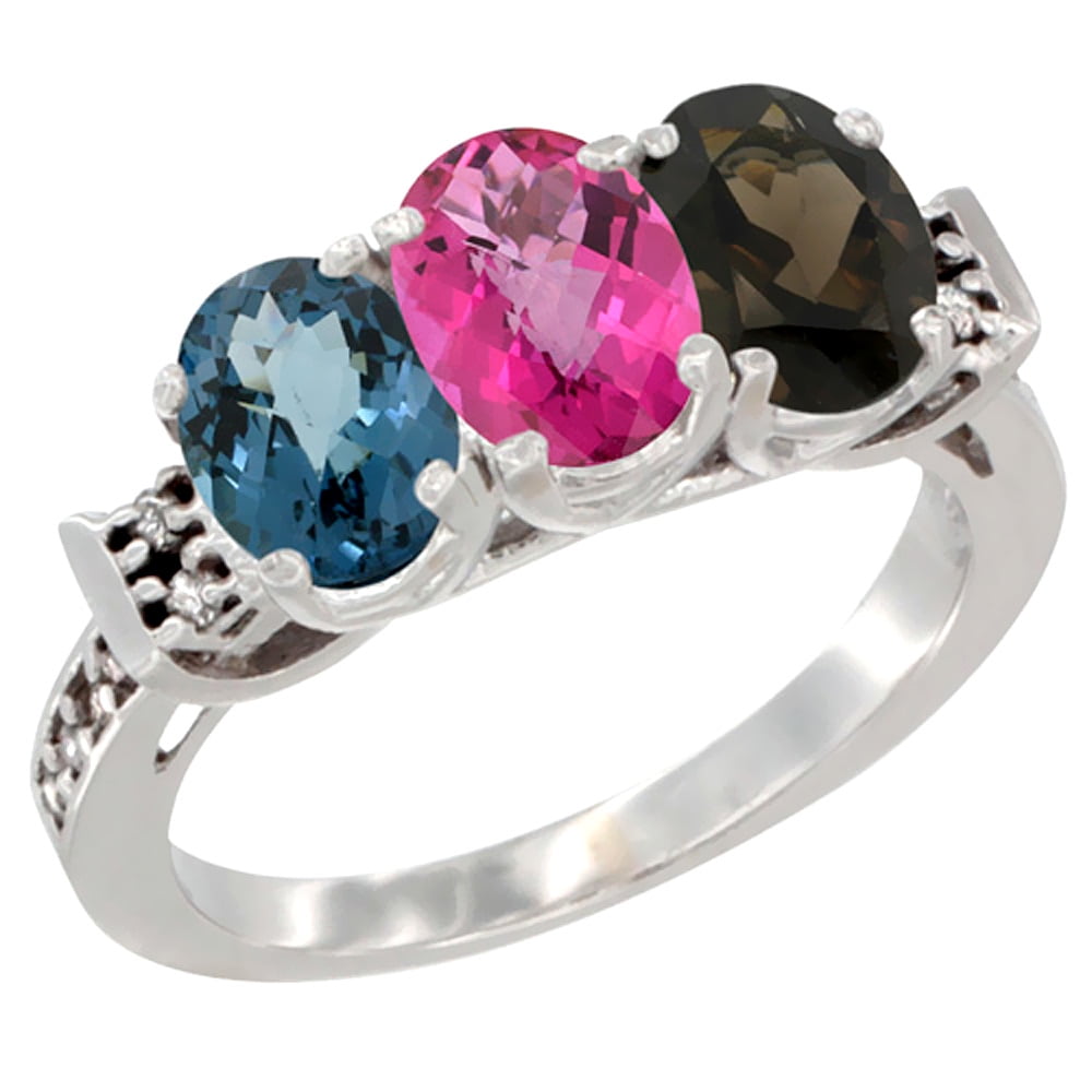 10K White Gold Natural London Blue Topaz, Pink Topaz & Smoky Topaz Ring 3-Stone Oval 7x5 mm Diamond Accent, sizes 5 10 by WorldJewels