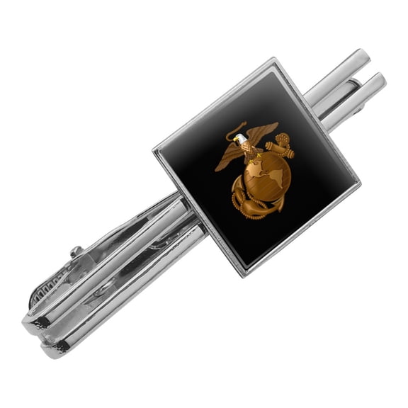 Marine Corps USMC Golden Logo on Black Eagle Globe Anchor Officially Licensed Square Tie Bar Clip Clasp Tack- Silver or Gold