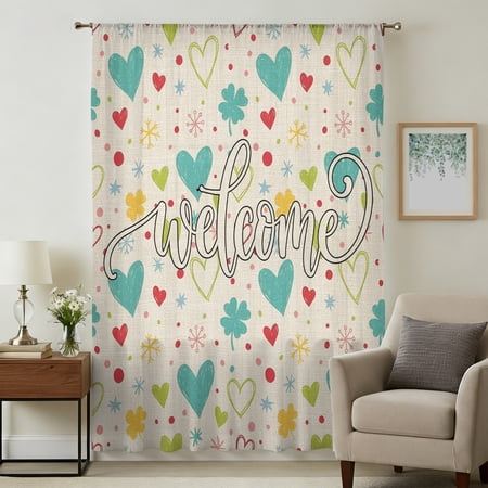 Turquoise Heart Sheer Curtains 72 Inches Long Rustic Three-Leaves Dots Burlap Light Filering Curtains Breathable Simi Curtain Privacy Drapes for Living Room Bedroom Lightweight Window Treatment