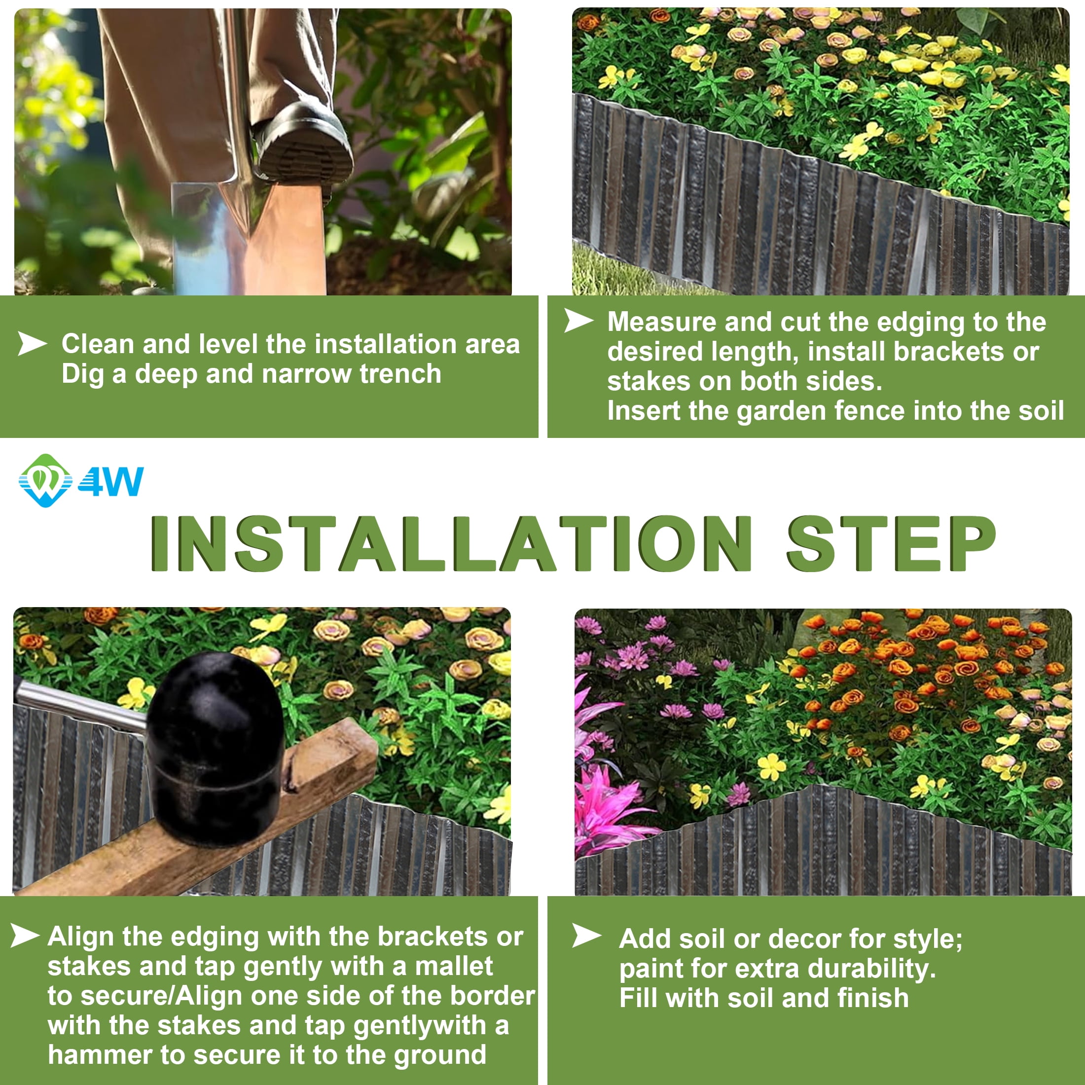 4W Galvanized Steel Garden Edging, 6" x 20' Corrugated Landscape Border, Flexible Lawn and Yard Edging Strip for Flower Beds and Tree Rings, Natural