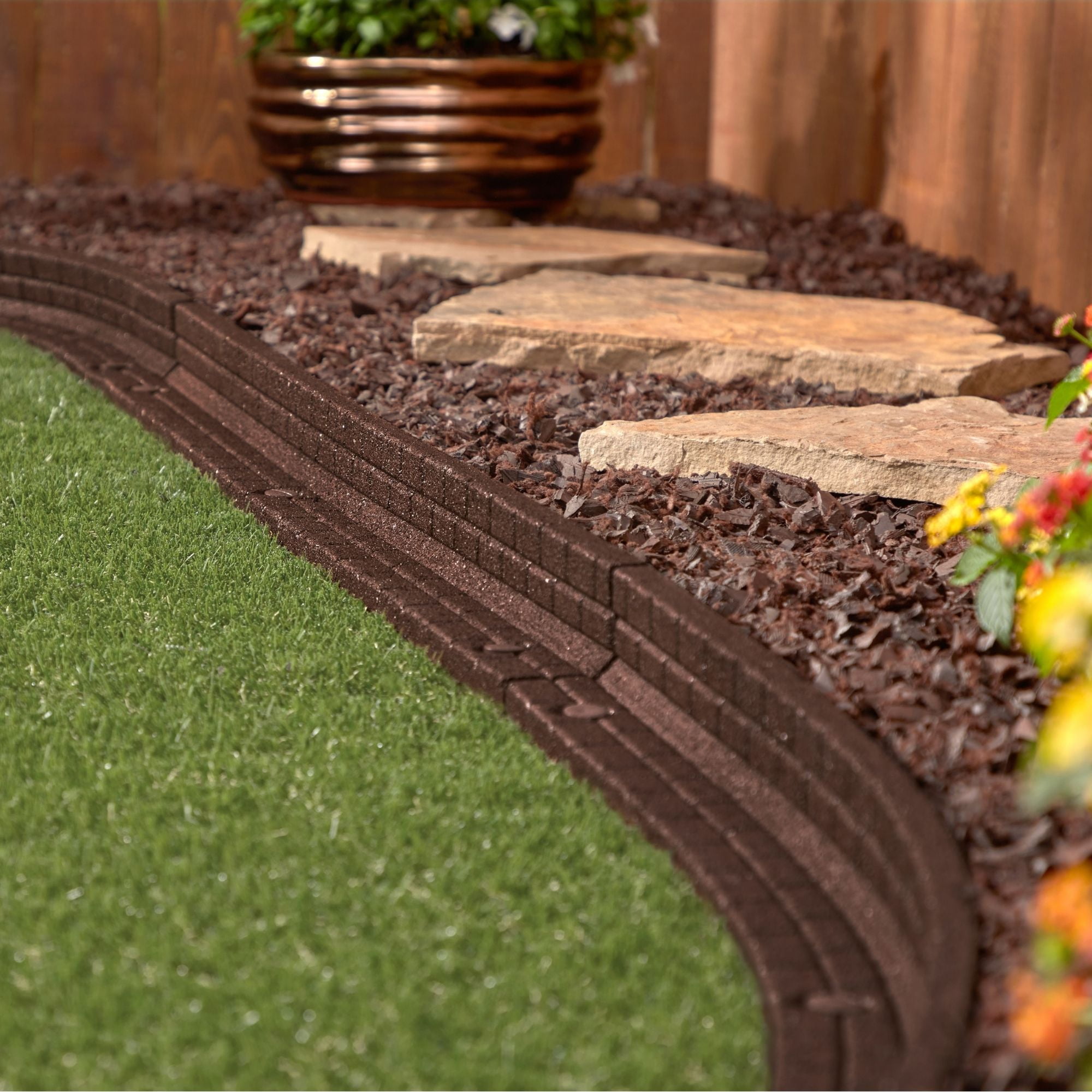 GroundSmart Brickface Landscape Edging, 4' Brown Rubber Garden Edging Border, 48 pack