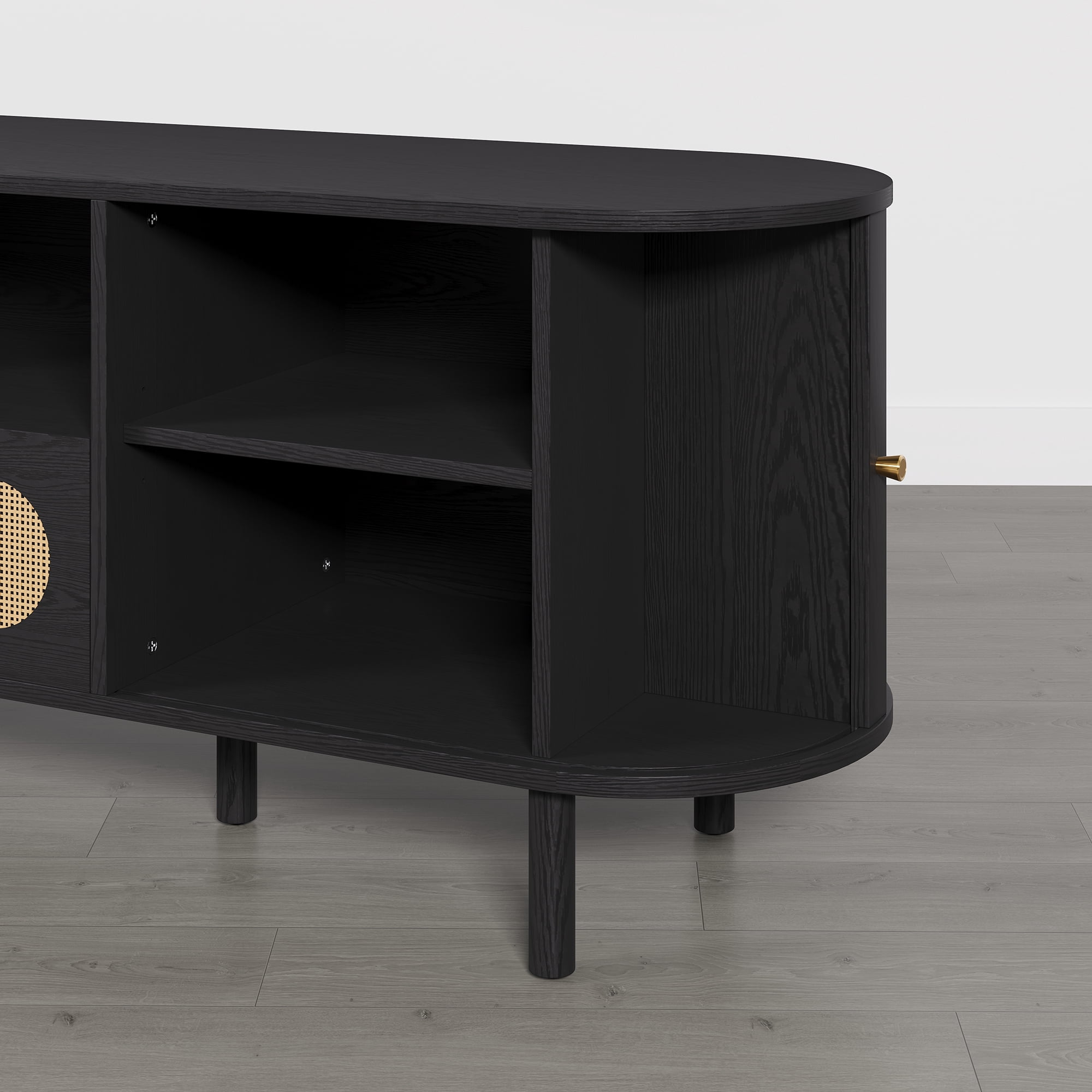 Spruce & Spring Tambour TV Stand with Power Outlet, Mid-Century Modern Entertainment Center, Rattan Drawer & Fluted Sliding Doors, Solid Wood Legs & Cable Management, for TVs up to 70 Inch