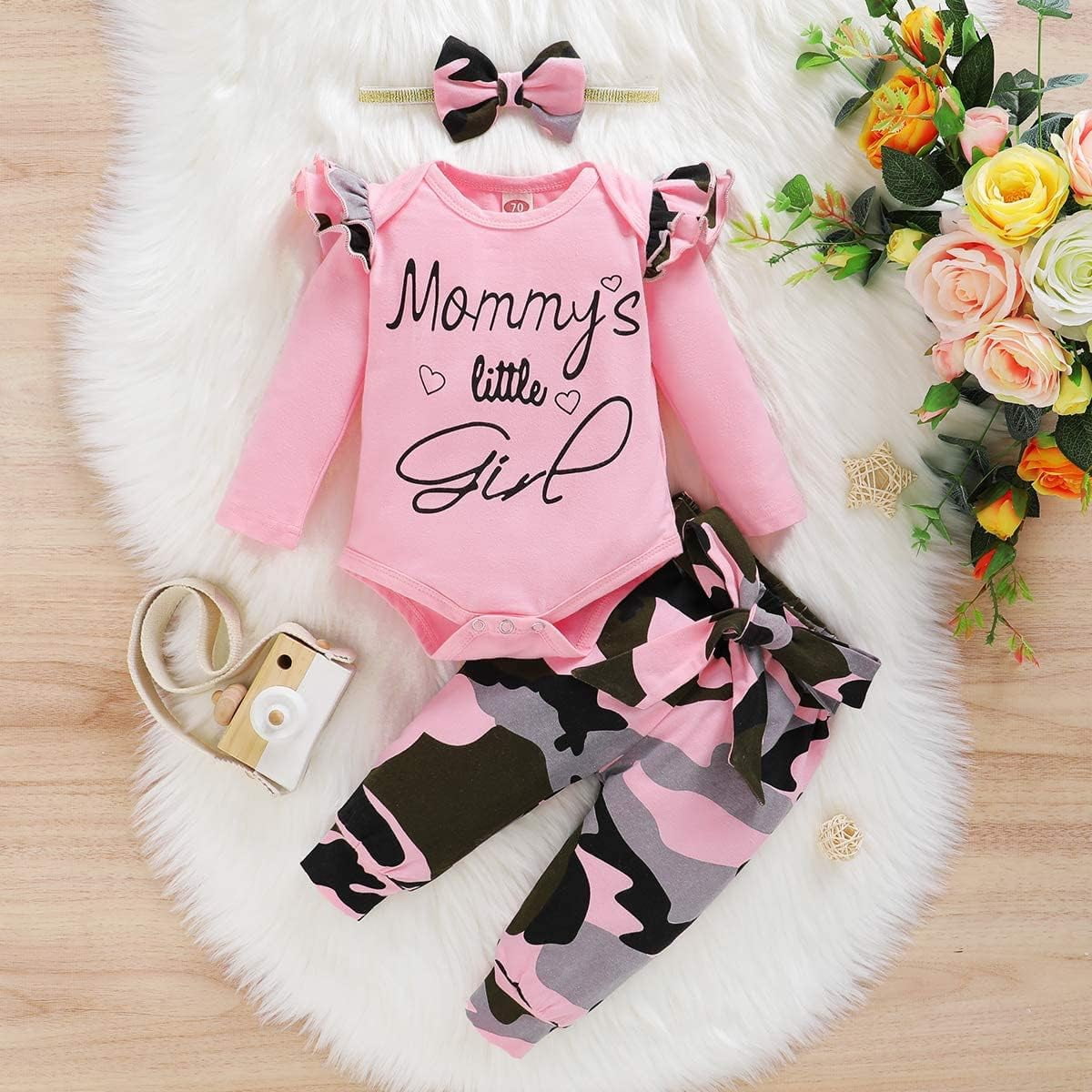 SUCS Newborn Baby Girl Clothes Infant Girl Outfits Long Sleeve Ruffle Romper  Floral Pants Headband Set