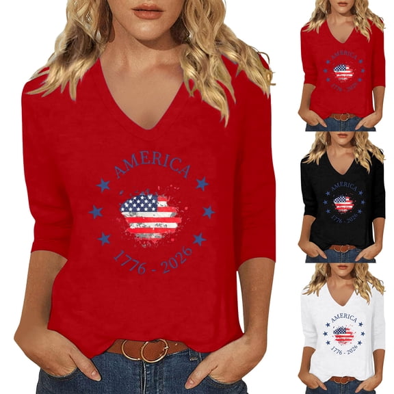 America 250 Shirt Women's Independence Day Print V Neck 3/4 Sleeve Graphic Shirt Womens T Shirts Black L