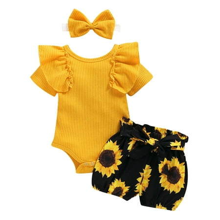 

3PCS Baby Girl Short Sleeved Ruffled Romper Sunflower Print Shorts Bow Headband