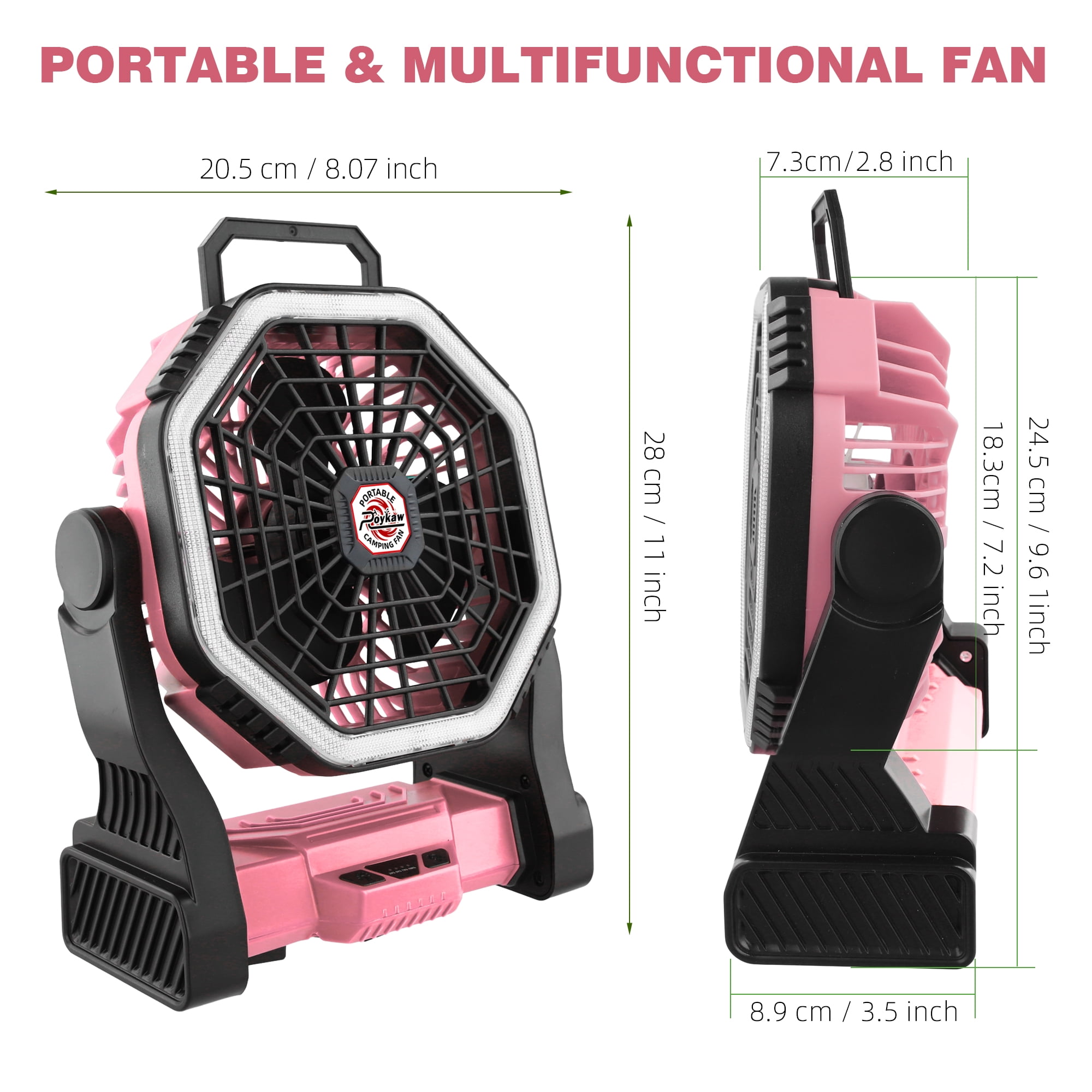 Roykaw Portable Fan for Travel, 10400 mAH Rechargeable Camping Fan, Cordless Battery Powered Fan with Led Light, Battery Fan with Handle, Hang Hook for Tent, Fishing, Hurricane Fan for Bedroom, Pink