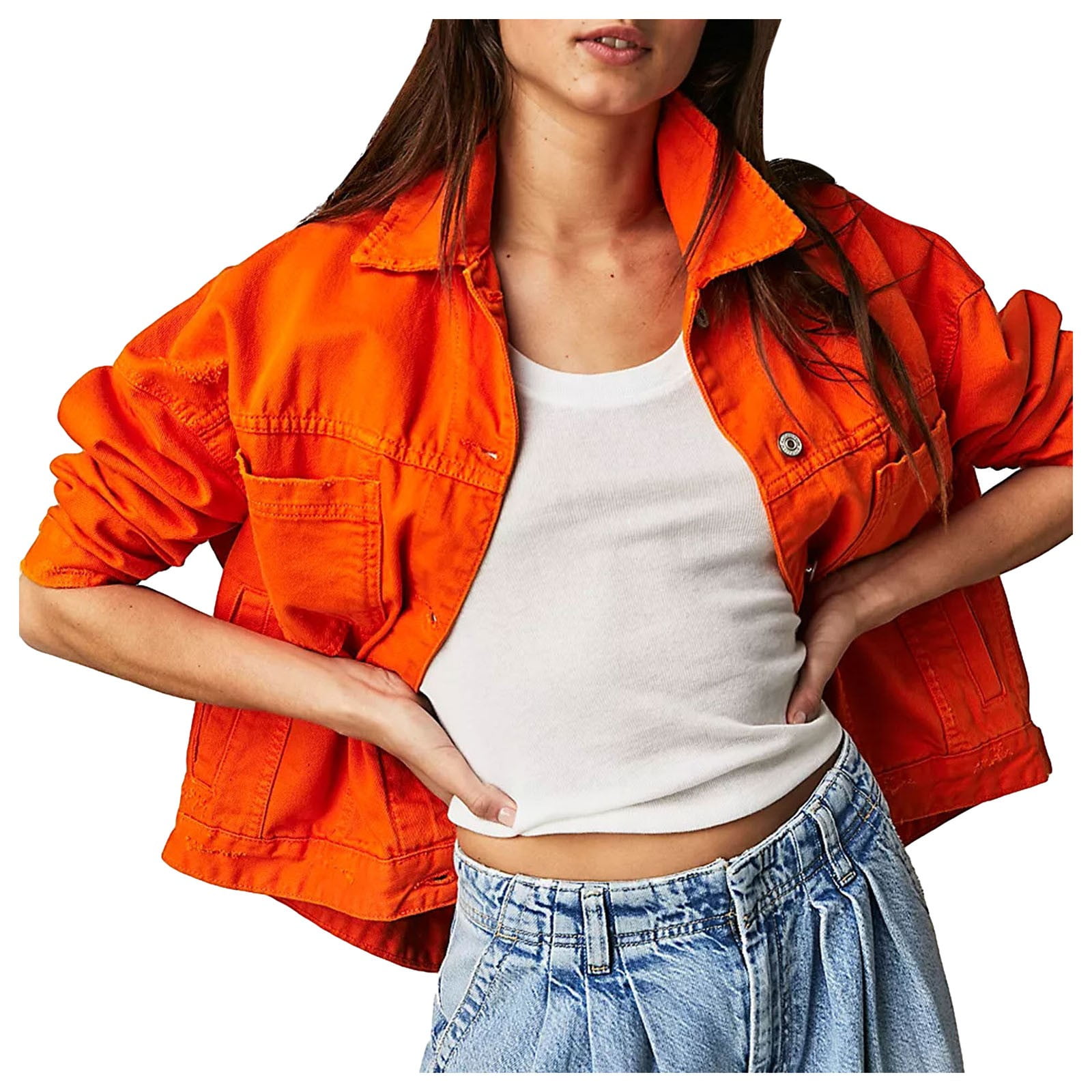 Bmisegm Women's Jean Jacket Washed Button up Cropped Denim Jacket