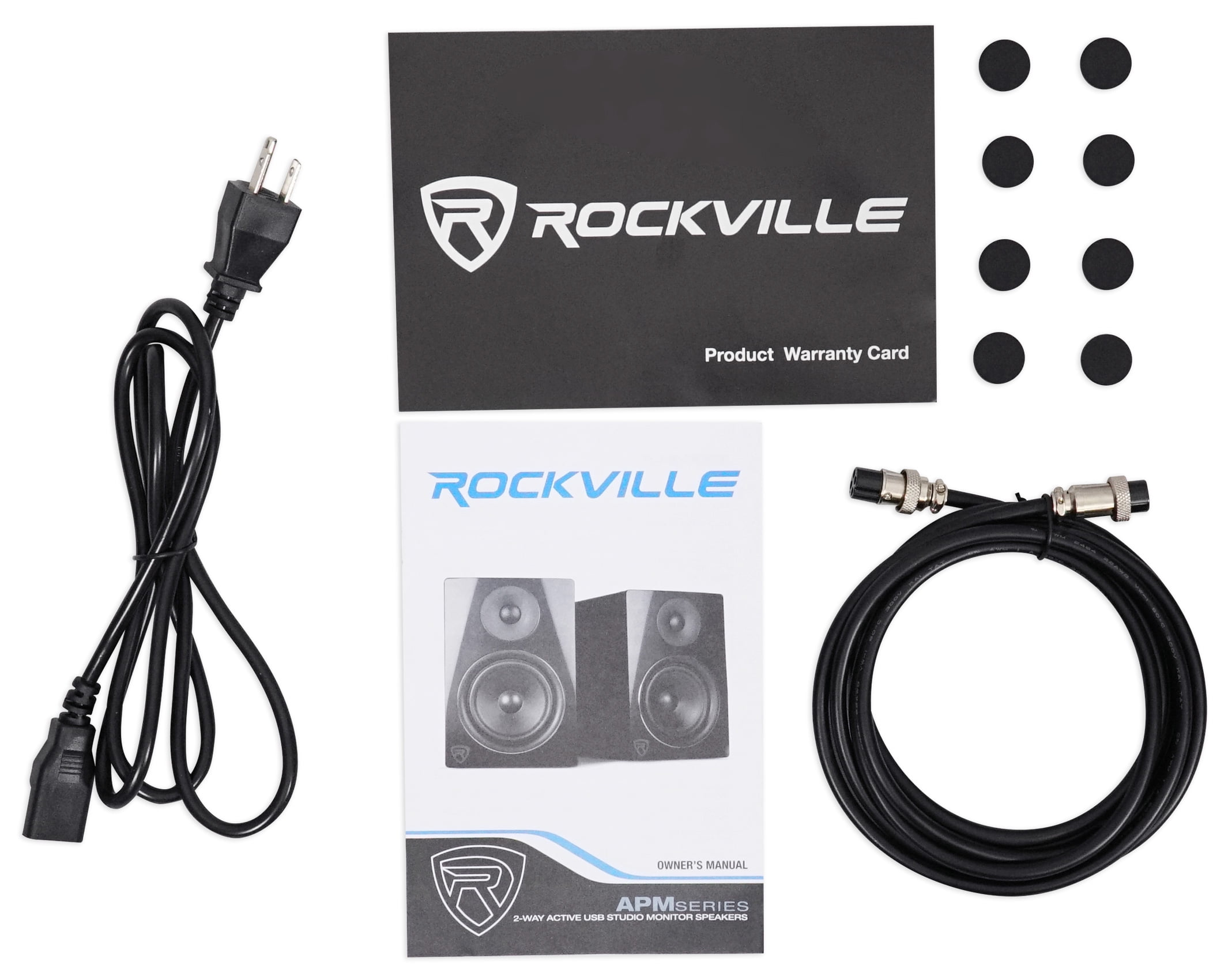 Rockville APM5B Bundle: 5.25" 2-Way 250-Watt Powered USB Studio Monitors, RVSM1 Pair of Monitor Stands, RRS190S Foam Isolation Pads, RCM PRO Studio/Recording Condenser Microphone, 4-items