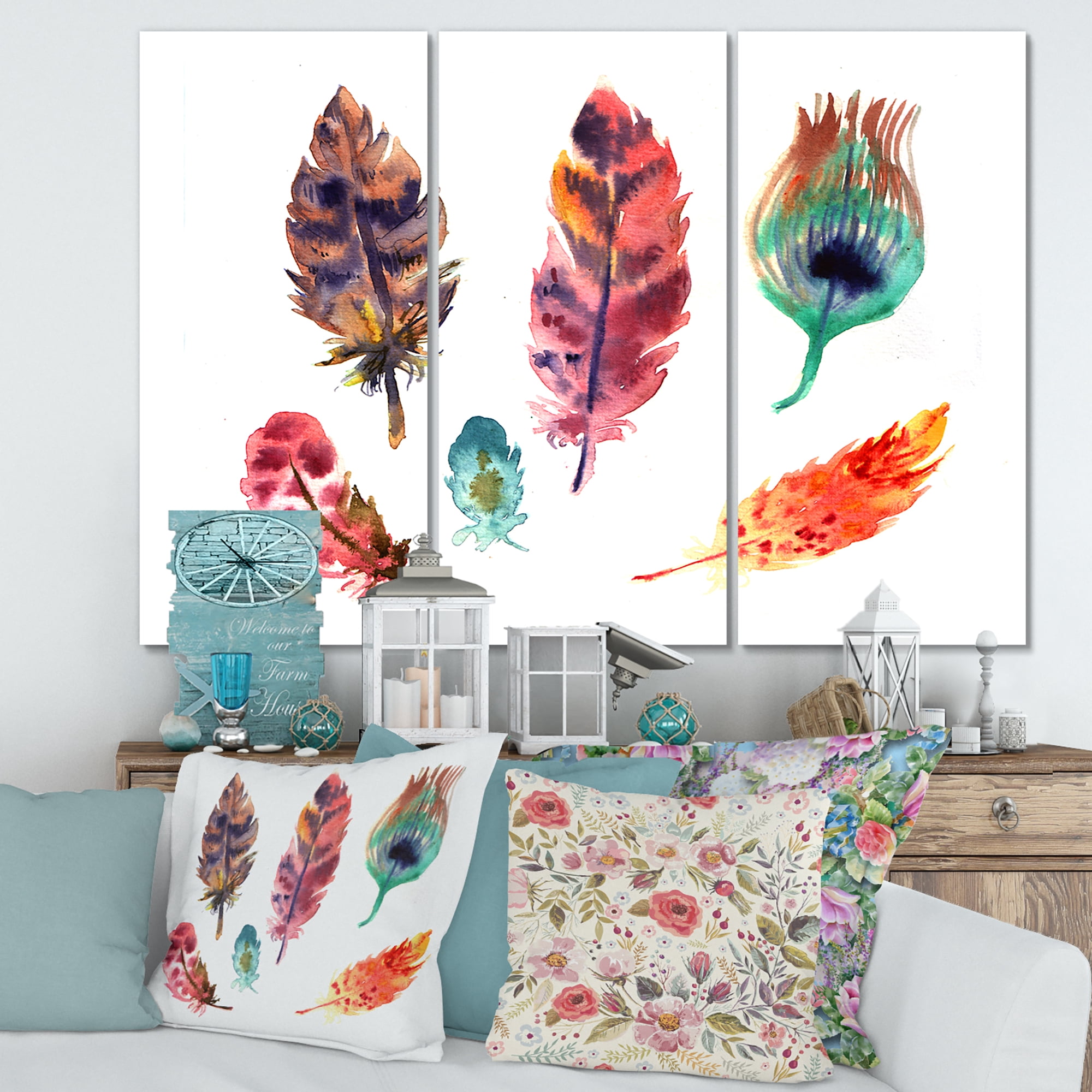Designart ' Colourful Boho Art Feather Set II ' Bohemian & Eclectic Canvas Wall Art Print