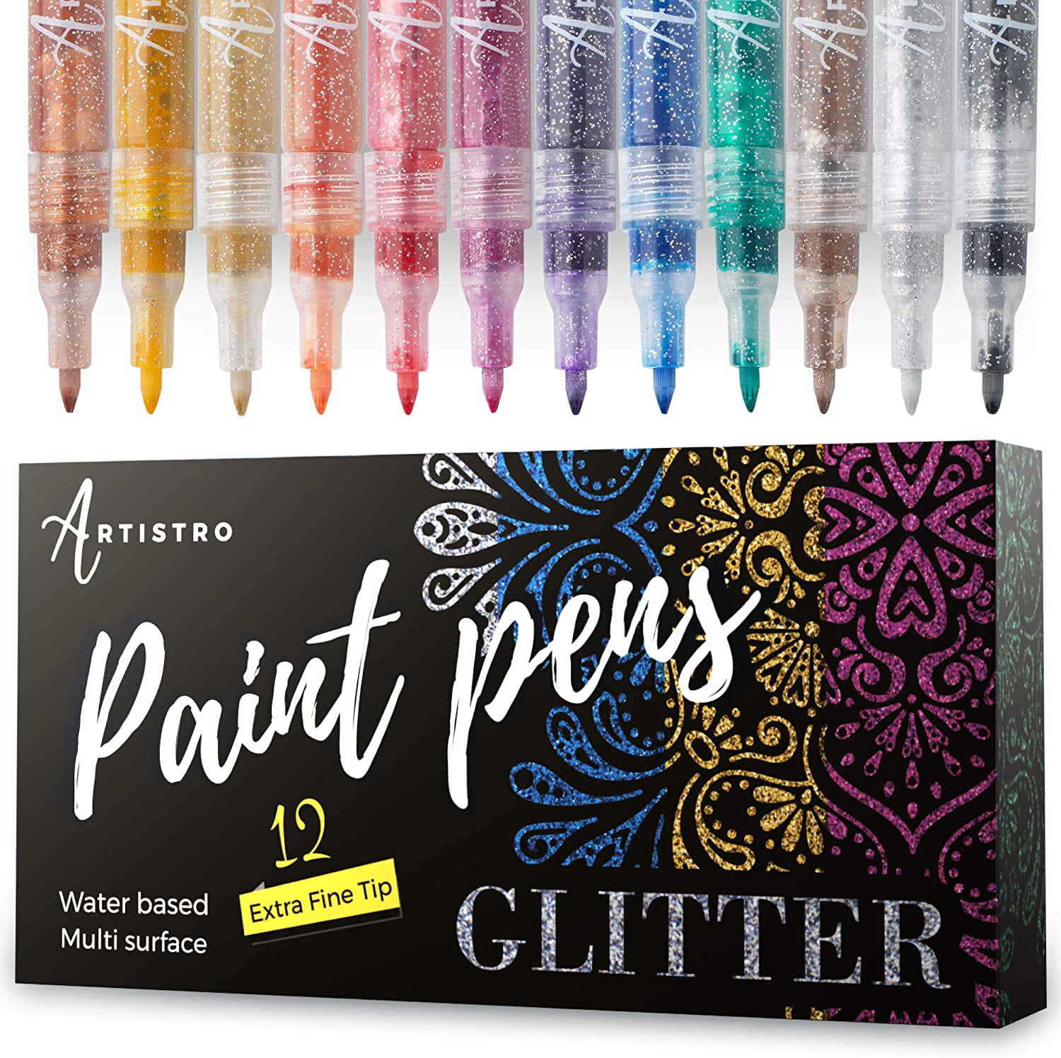 Glitter Paint Pens for Rock Painting Scrapbook Journals Card Stocks Paper Project Coloring Pebbles Photo Albums Set of 12 Acrylic Glitter Paint Markers Extra-Fine Tip 0.7mm. 