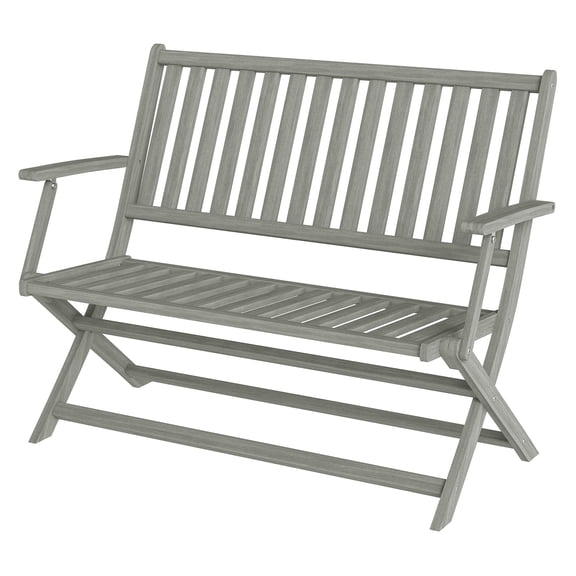 2-Person Wood Outdoor Bench - Foldable Acacia Bench with Backrest & Armrests for Patio, Garden, Porch - Gray