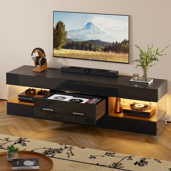 Bestier Black High Gloss TV Stand for TV up to 65" LED Television Entertainment Center Modern TV Cabinet with Storage Drawers