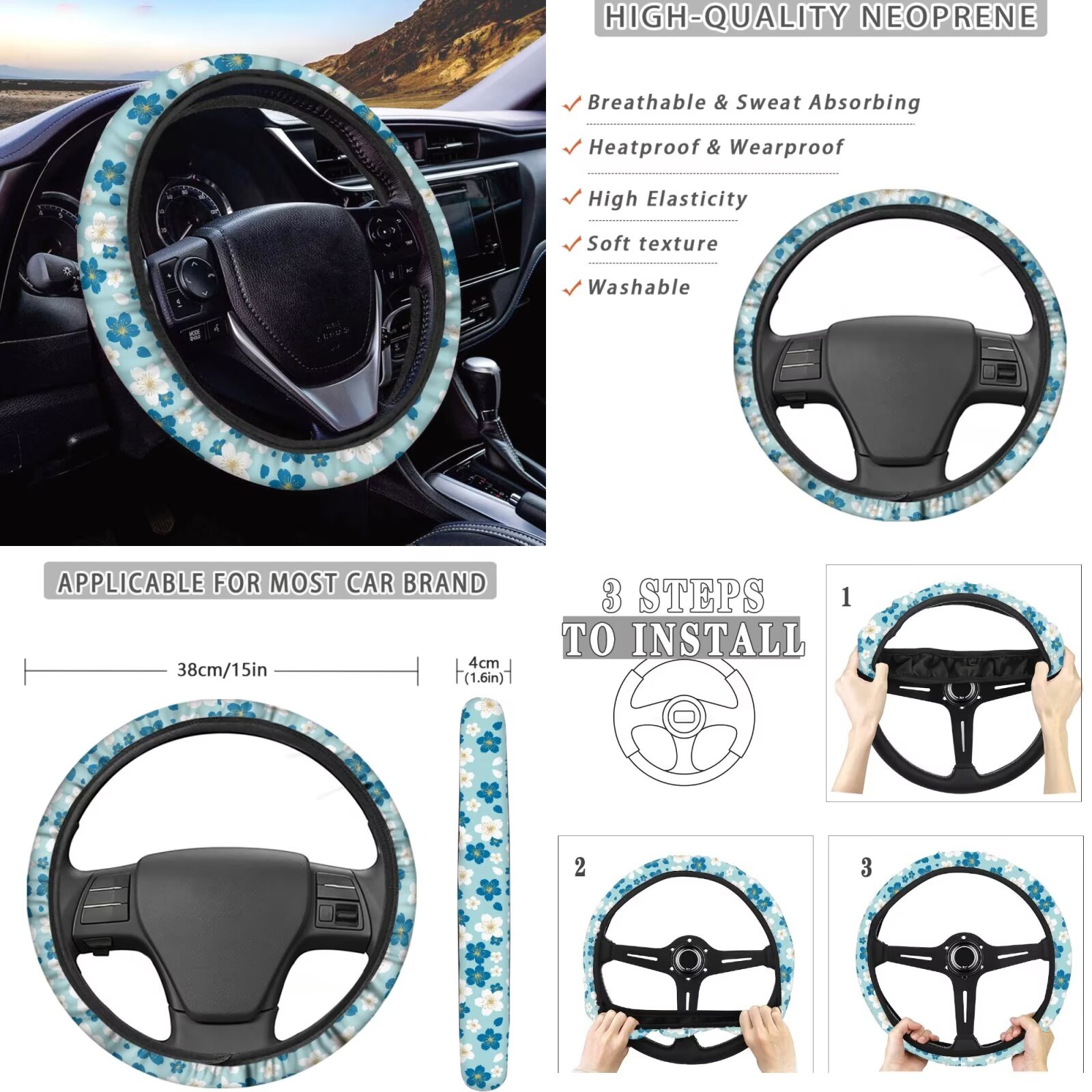 Garronmavis Blue Cute Flower Car Seat Covers Full Set, Breathable Air Polyester Car Seat Cover, Steering Wheel Cover Gear Shift Cover Handbrake Cover Headrest Cover Cup Coasters Universal Fit