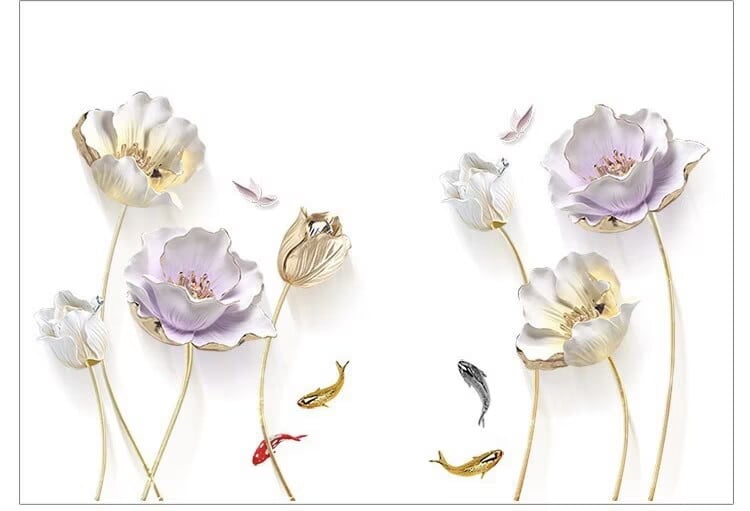 Watercolor Floral Wall Decals Large 3D Flower Wall Stickers Gold Tulip Floral Wall Art Decals for Living Room Bedroom TV Background Wall Decor
