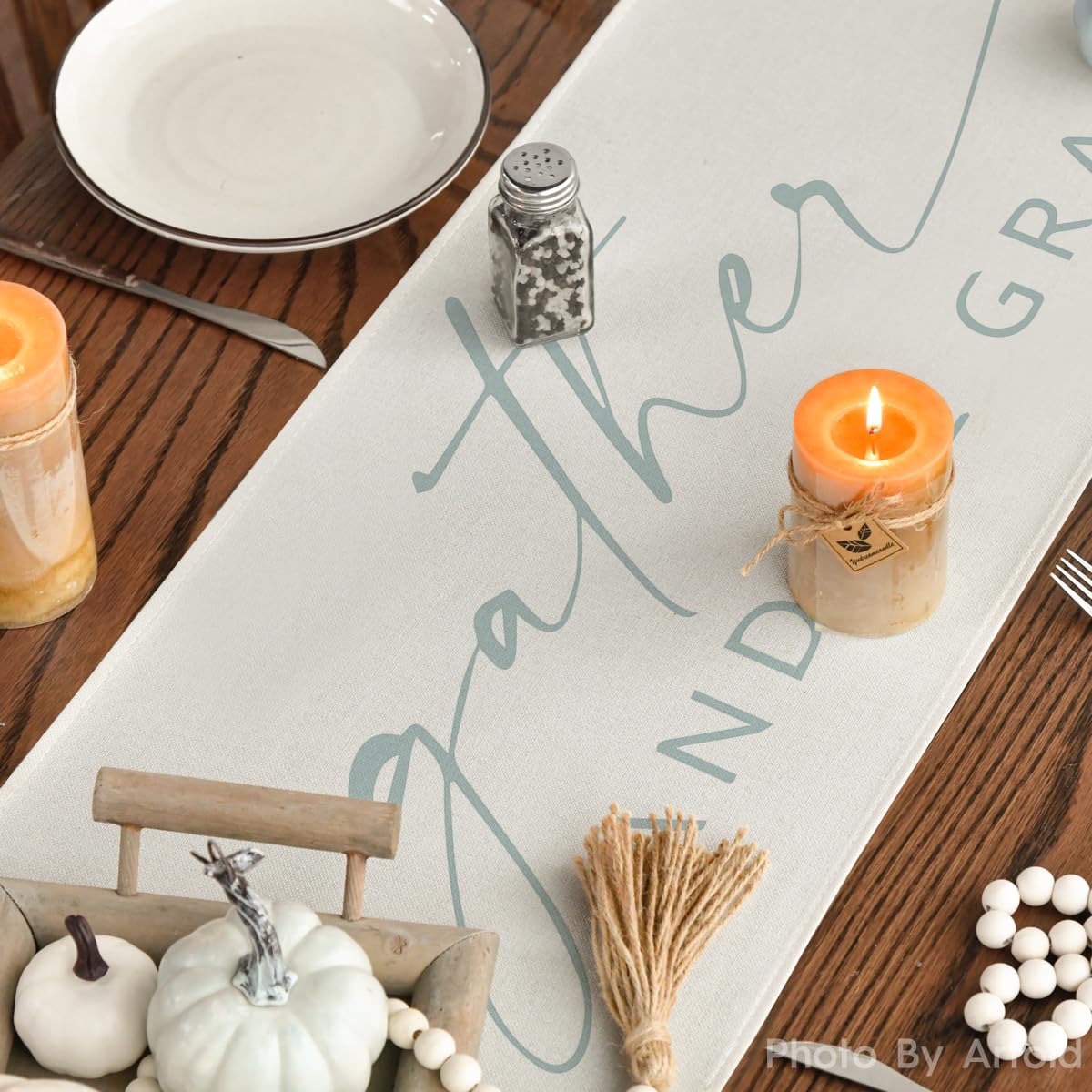 Smile Gather and Be Grateful Pumpkin Leaves Fall Table Runner, Thanksgiving Kitchen Dining Table Decoration for Home Party Decor 13x72 Inch