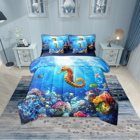 Erosebridal Sea Seahorse Bedding Sets Twin Size,Underwtaer World Comforter Sets with Sheets,Ocean Theme Decor,Reversible,Breathable,7pcs