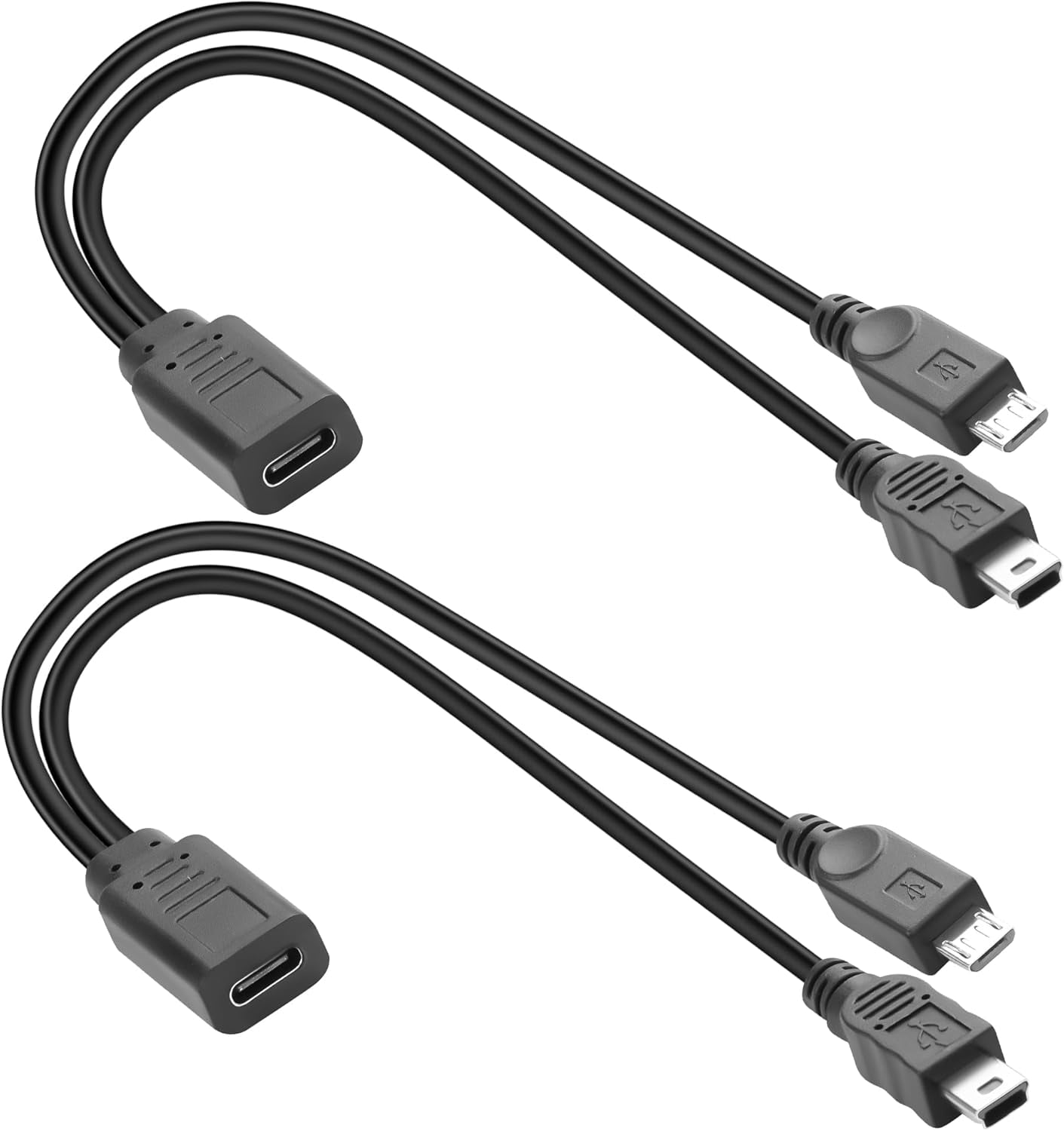 HRTGFD-USB C to Micro & Mini USB Splitter Charging Short Cable 1 in 2 USB Type C Female to Micro USB Male+Mini USB Male Y Connector Extension Cable 5V3A, No Data Transfer, 30cm/11.8in, 2Pcs