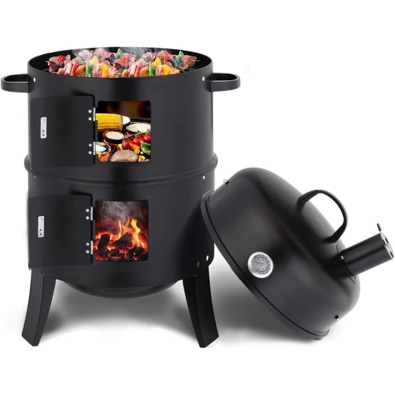 18 Inch Multi-Layer Charcoal Smoker Grill with Chimney, Heavy Duty Round Grill, Vertical Smoker with Thermometer, for Outdoor Cooking, Patio, Parties, Backyard BBQ