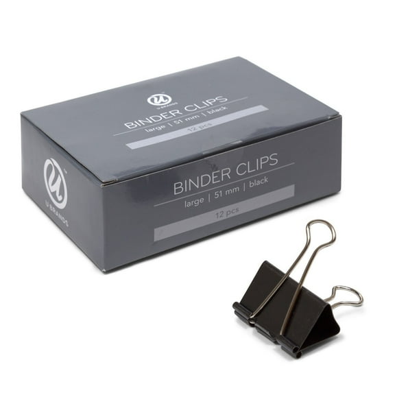 U Brands Binder Clips, Large 2" Capacity, Black and Silver Steel, 12 Count