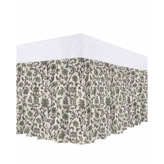 Boho Floral Bed Skirt King Size 18" Drop Vintage Farmhouse Pastoral Flower Retro Green Plant Ruffled Wrap Around Bed Skirts Adjustable Elastic Bedskirt Dust Ruffle for King Size Bed