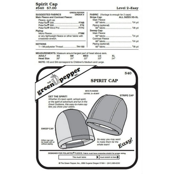 Spirit Cap Hat Headgear Head-wear #540 Sewing Pattern (Pattern Only)