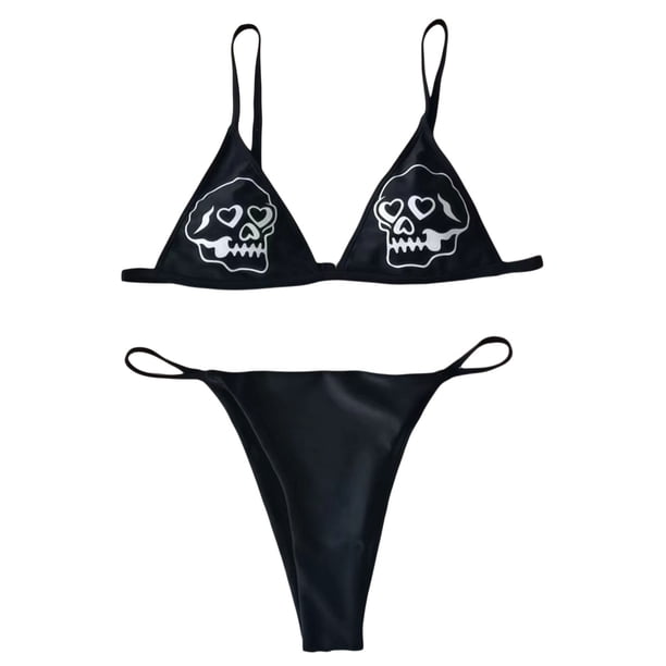 VISgogo Bikini para Mujer Conjunto de 2 Piezas, Sujetador con Cuello en V con Estampado de Sonrisa/Calavera de Dibujos Animados + Traje de baño con Tanga de Cintura Baja para el Verano VISgogo moda