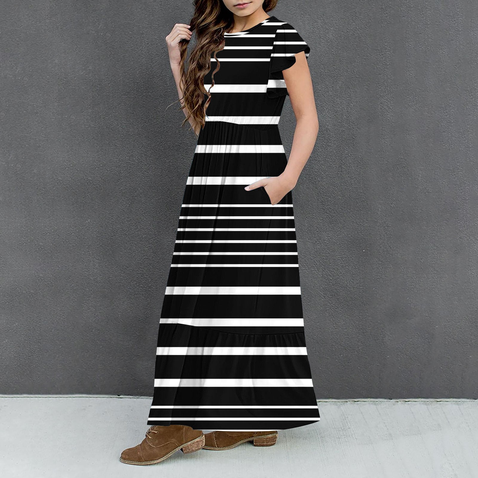 2025 Girls Dresses with Pockets 6-12 Years Kids Ruffle Short Sleeve Trendy Stripe Printed Crewneck Going Out Long Maxi Dress