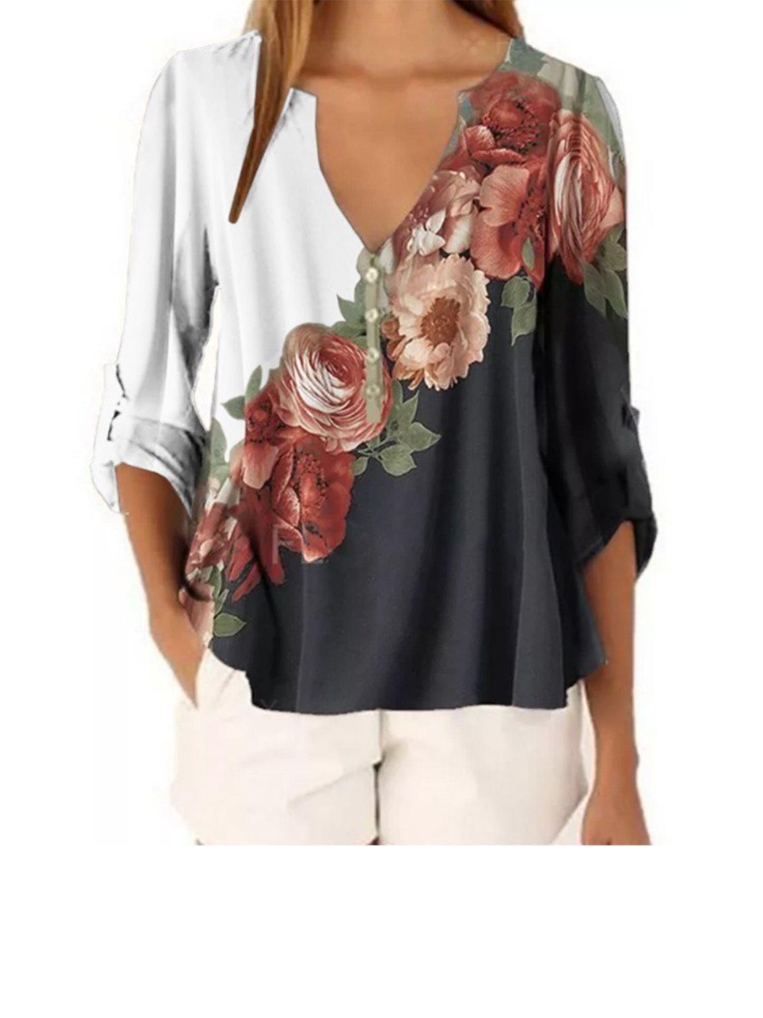 Plus Size Womens Ladies Floral Print V Neck Blouse Long Sleeve T-Shirt Tunic Top