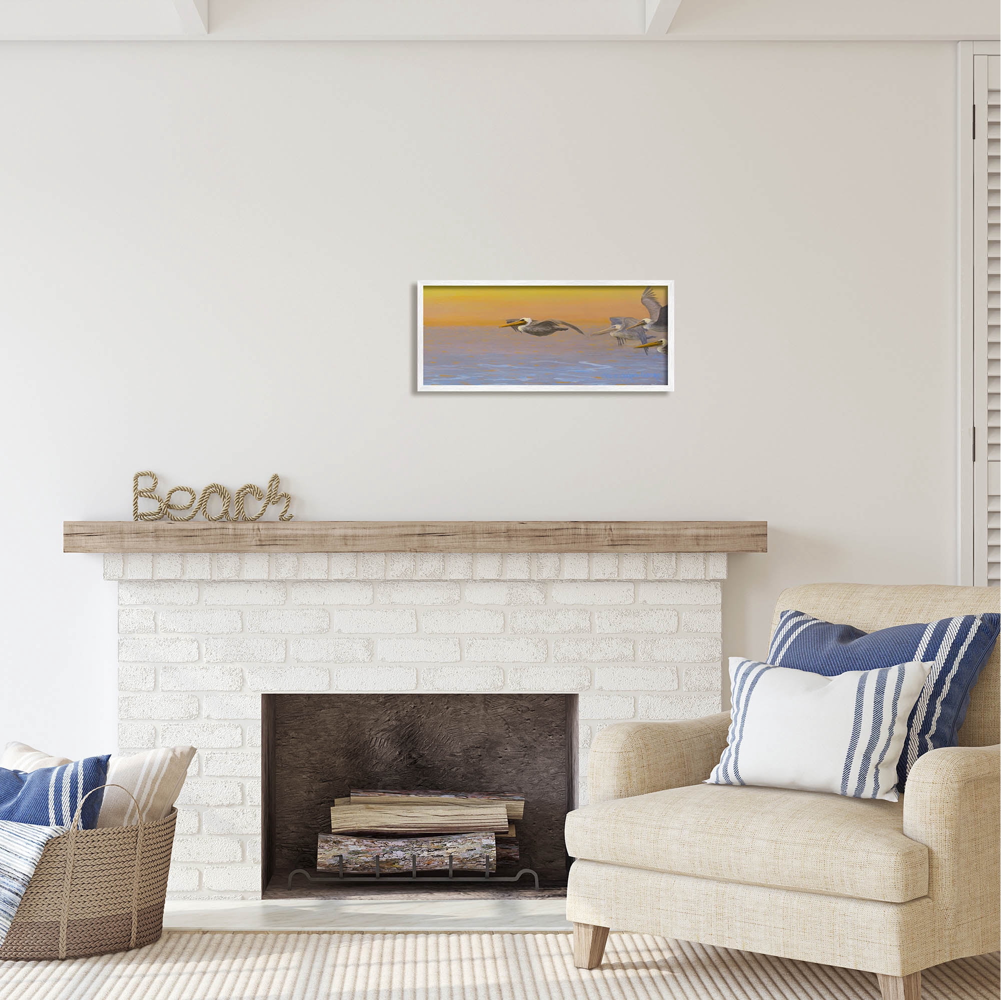 Stupell Industries Pelicans Flying Ocean Sunrise Coastal Painting White Framed Art Print Wall Art