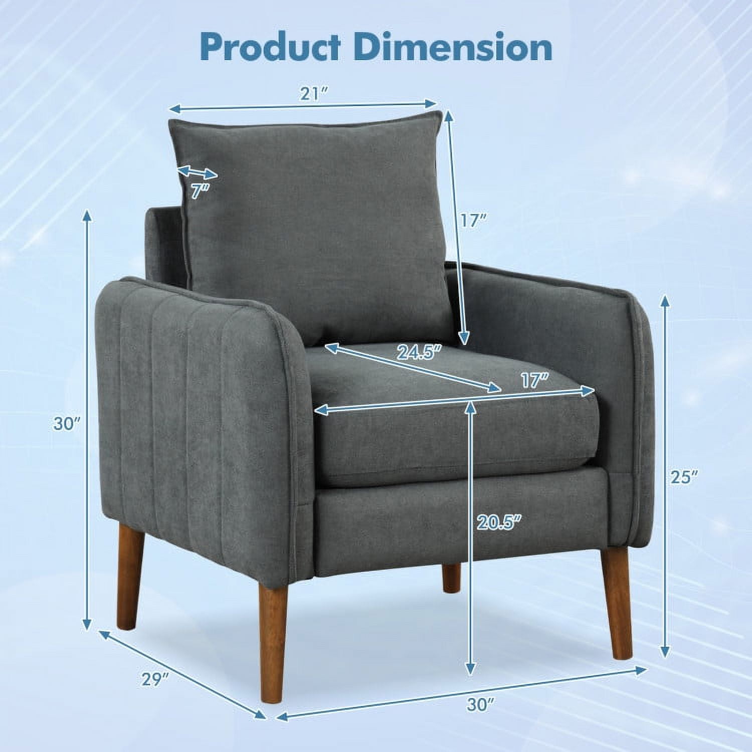 Finihen Upholstered Accent Armchair, Fabric Upholstered Sofa Chair with Removable Back and Seat Cushions, for Living Room, Bedroom, Gray