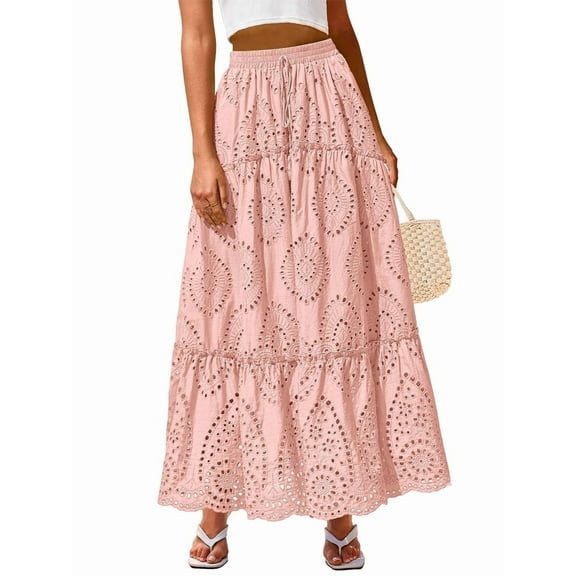 Women'S Boho Casual Summer 2025 Lace Embroidery Eyelet Elastic Waist Flowy Tiered A-Line Beach Maxi Skirt White S