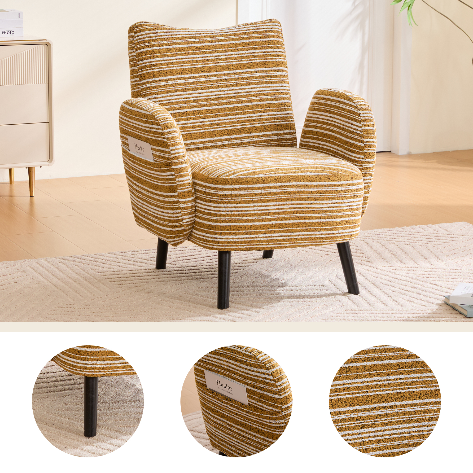 Leumius Armchair with Side Storage Pocket and Solid Wood Legs, Comfortable Reading Chair with Sanded Fabric for Living Room Bedroom Office Mustard Yellow