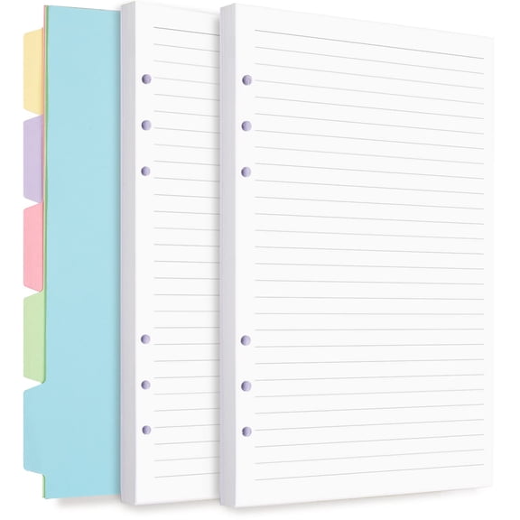 A5 Loose Leaf Paper for Planners, 6 Hole Punch Refill Sheets with Colored Dividers, 120 Sheets Lined Writing Paper for Notebooks Binders, White