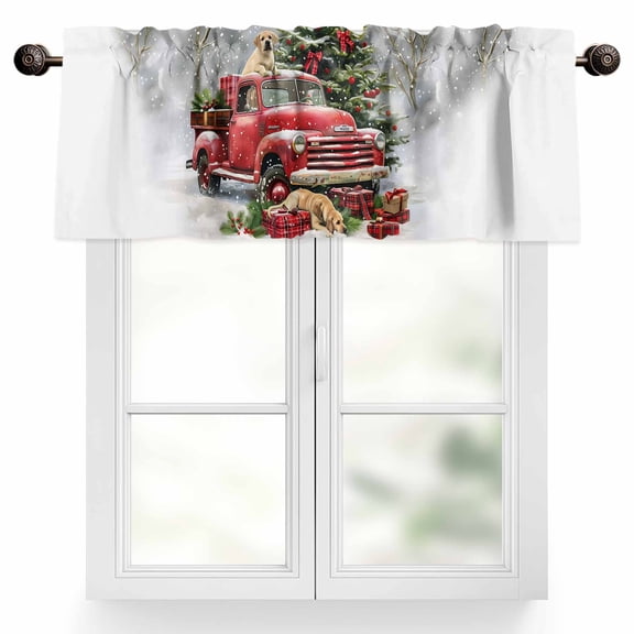 Merry Christmas Red Truck Valances for Windows, 60 x 18in, Xmas Tree Present Dog Winter Snow Rod Pocket Kitchen Valance Curtain Light Filtering Window Treatments for Living Room Bedroom, 1 Panel
