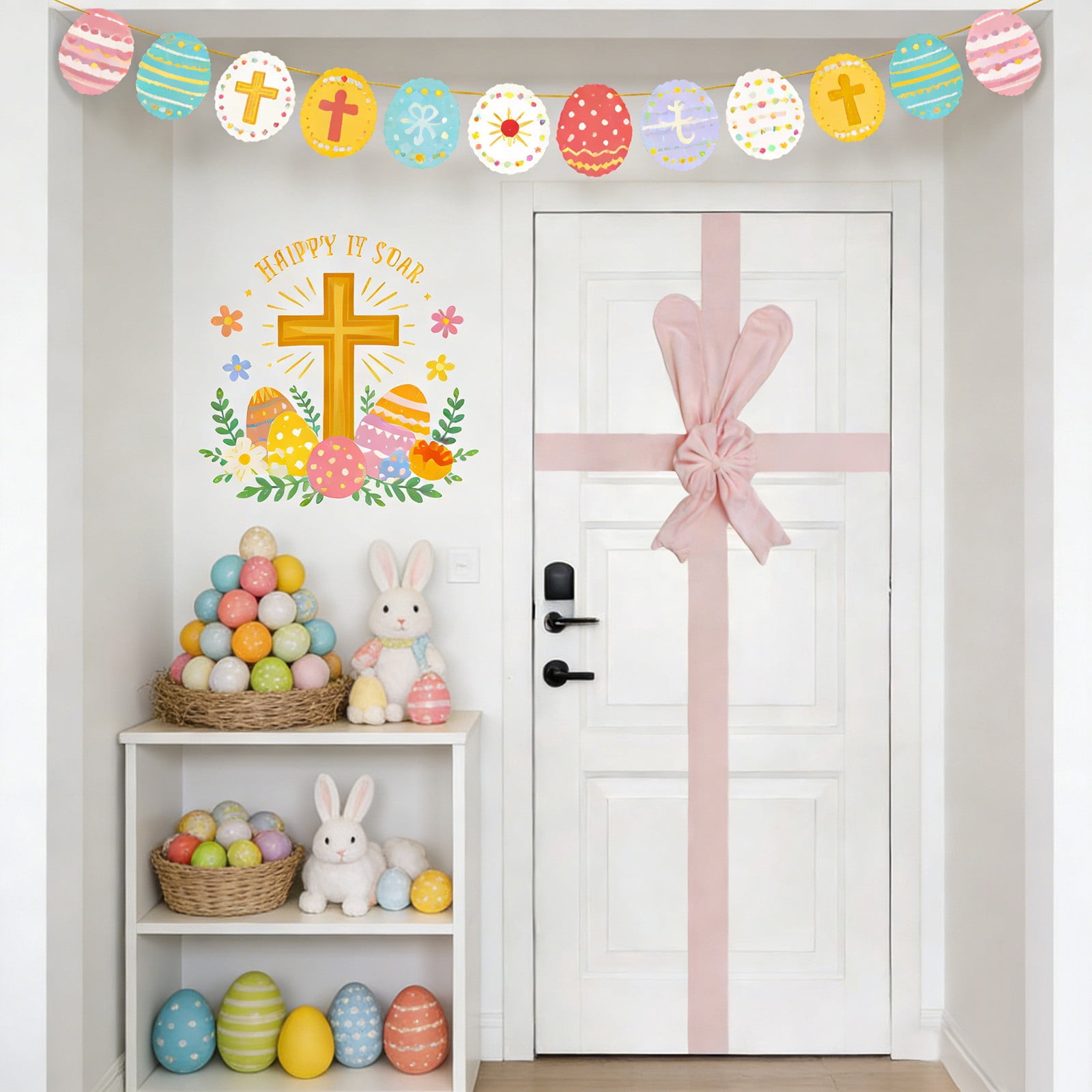 Easter Bunny Door Hanger with Floppy Ears and Bow Decorative Plush for Entry Cabinet Mantel Handle Spring Home Decor