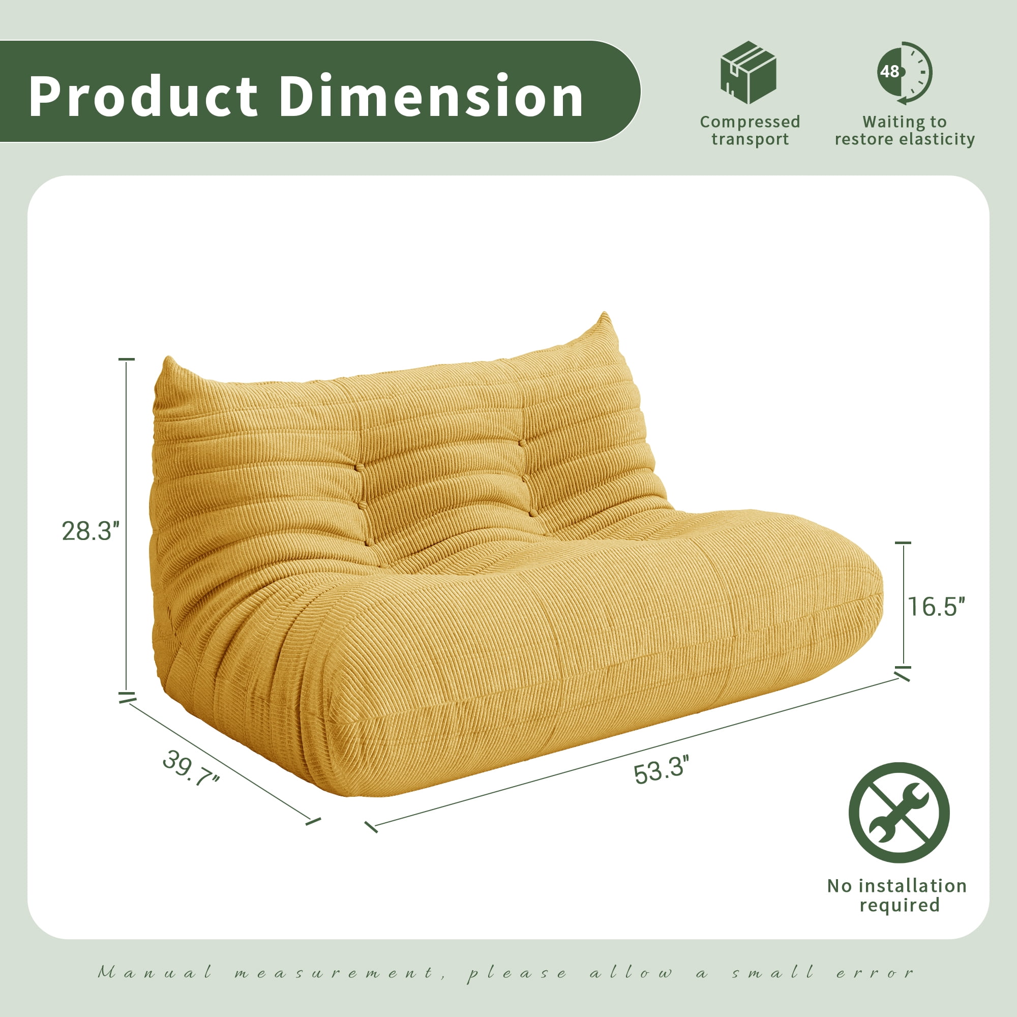 Gtilzria Lazy Sofa, Bean Bag Chair for Adults Floor Couch for Living Room, Bedroom, Corduroy, Yellow