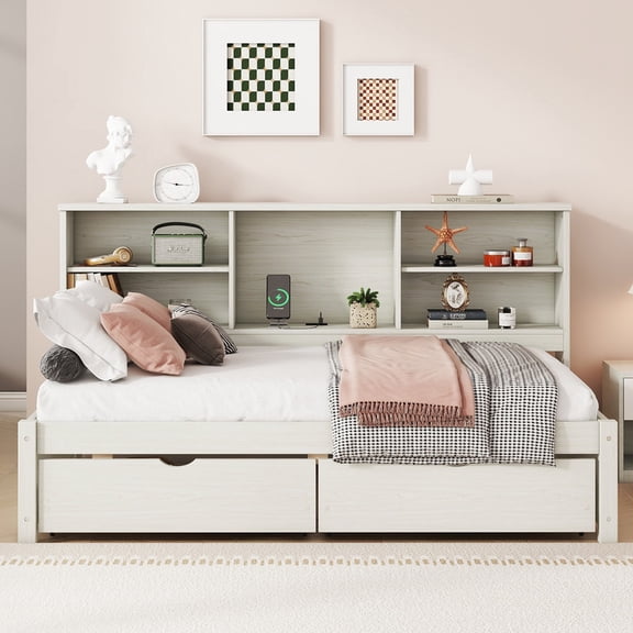 TICOZE Creamy White Twin Daybed Frame with Side Bookshelves, 2 Storage Drawers, Built-in USB & Type-C Charging Ports, No Box Spring Needed for Bedroom, Office, Guest Room